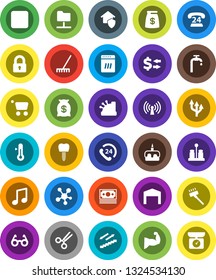 White Solid Icon Set- vacuum cleaner vector, rake, spices, thermometer, cake, glasses, music, exchange, muscule hand, stairways run, money, phone 24, social media, forward button, scissors, barn