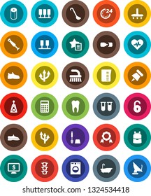 White Solid Icon Set- vacuum cleaner vector, fetlock, bath, toilet brush, paper, measuring cup, ladle, backpack, pin, medal, calculator, monitor dollar, snickers, traffic light, antenna, heart pulse