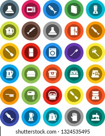 White Solid Icon Set- vacuum cleaner vector, fetlock, sponge, car, washing powder, rubber glove, kettle, spatula, double boiler, blender, fridge, washer, mixer, coffee maker, hood, multi cooker