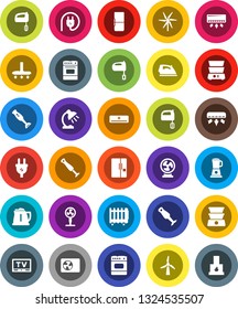 White Solid Icon Set- vacuum cleaner vector, iron, kettle, mixer, oven, double boiler, blender, table lamp, tv, windmill, air conditioner, ari condition, fridge, power plug, fan, heater, fireplace