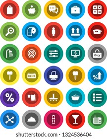 White Solid Icon Set- vacuum cleaner vector, drying clothes, foam basin, toilet paper, shower, dish, case, percent growth, piggy bank, target, man, monitor dollar, traffic light, glass, top sign