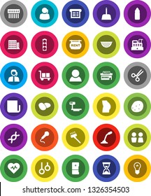 White Solid Icon Set- vacuum cleaner vector, scoop, water closet, colander, potato, sand clock, heart pulse, buttocks, bottle, gymnast rings, traffic light, support, cargo, big scales, newspaper