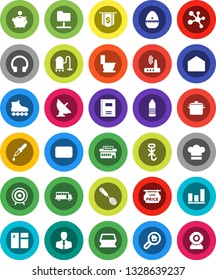 White Solid Icon Set- vacuum cleaner vector, sponge, window cleaning, toilet, pan, cook hat, timer, skimmer, copybook, school bus, graph, piggy bank, dollar flag, roller Skates, target, molecule