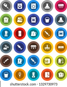 White Solid Icon Set- vacuum cleaner vector, bucket, kettle, scales, blender, air conditioner, fridge, washer, coffee maker, hood, oven