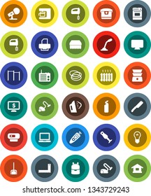 White Solid Icon Set- vacuum cleaner vector, scoop, sponge, steaming, cleaning agent, knife, mixer, oven, double boiler, blender, corner ruler, backpack, notebook pc, monitor dollar, horizontal bar