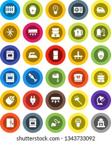 White Solid Icon Set- vacuum cleaner vector, iron, mixer, oven, blender, table lamp, rca, windmill, air conditioner, ari condition, fridge, power plug, multi cooker, epilator, kettle, double boiler
