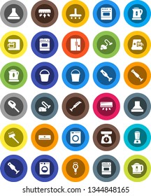 White Solid Icon Set- vacuum cleaner vector, bucket, kettle, scales, oven, blender, air conditioner, fridge, washer, coffee maker, hood