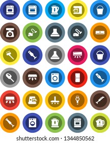 White Solid Icon Set- vacuum cleaner vector, bucket, kettle, scales, oven, blender, air conditioner, fridge, washer, coffee maker, hood