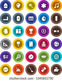 White Solid Icon Set- vacuum cleaner vector, window cleaning, agent, colander, cook timer, ladle, cookbook, jug, corner ruler, music, exchange, enegry drink, calendar, glass, protected, cargo search