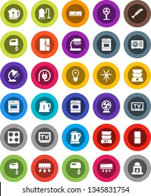 White Solid Icon Set- vacuum cleaner vector, kettle, mixer, oven, double boiler, table lamp, tv, windmill, air conditioner, ari condition, fridge, power plug, blender, fan, bulb, fireplace