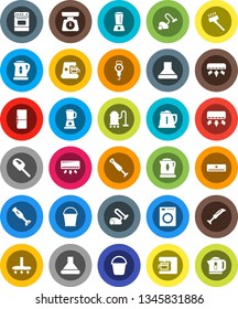 White Solid Icon Set- vacuum cleaner vector, bucket, kettle, scales, oven, blender, air conditioner, fridge, washer, coffee maker, hood