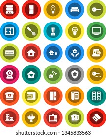 White Solid Icon Set- vacuum cleaner vector, welcome mat, house hold, sink, skimmer, double boiler, chalet, plan, apartments, key, cushioned furniture, love home, fridge, tv, protect, password, bulb