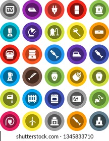 White Solid Icon Set- vacuum cleaner vector, double boiler, blender, table lamp, tv, rca, windmill, air conditioner, ari condition, fridge, power plug, iron, mixer, multi cooker, oven, epilator