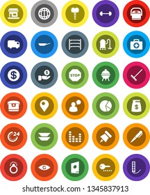 White Solid Icon Set- vacuum cleaner vector, rake, pan, bbq, plates, pen, paper pin, world, pie graph, investment, barbell, first aid kit, office, shelving, equalizer, speaking man, eye, stop