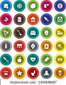 White Solid Icon Set- vacuum cleaner vector, sponge, trash bin, toilet, drying clothes, whisk, ladle, blender, potato, pencil, apple fruit, university, dollar coin, personal information, tie, target