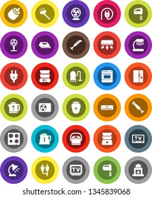 White Solid Icon Set- vacuum cleaner vector, kettle, mixer, oven, double boiler, table lamp, tv, rca, air conditioner, ari condition, fridge, power plug, iron, multi cooker, epilator, blender, fan
