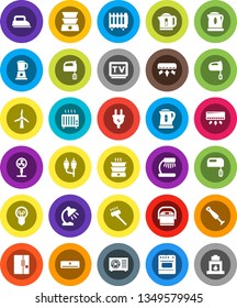 White Solid Icon Set- vacuum cleaner vector, kettle, mixer, table lamp, tv, rca, windmill, air conditioner, ari condition, fridge, power plug, iron, multi cooker, oven, blender, fan, double boiler