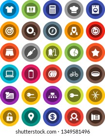White Solid Icon Set- vacuum cleaner vector, welcome mat, plates, woman, cook hat, sieve, calculator, notebook pc, compass, medal, pie graph, hierarchy, bike, shorts, heart monitor, oxygen, map pin