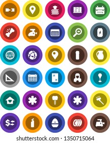 White Solid Icon Set- vacuum cleaner vector, window cleaning, agent, plates, shining, woman, cook timer, cookbook, jug, corner ruler, backpack, exchange, punching bag, enegry drink, calendar, pin