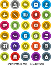 White Solid Icon Set- vacuum cleaner vector, iron, kettle, oven, double boiler, table lamp, rca, windmill, ari condition, fridge, power plug, multi cooker, blender, epilator, air conditioner, fan
