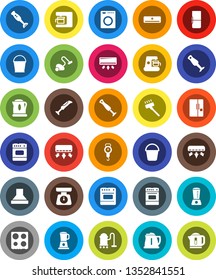 White Solid Icon Set- vacuum cleaner vector, bucket, kettle, scales, oven, blender, air conditioner, fridge, washer, coffee maker, hood