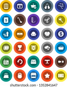 White Solid Icon Set- vacuum cleaner vector, sponge, foam basin, kettle, ladle, plates, percent growth, dollar flag, calendar, clipboard, weight, boxing glove, receipt, glass, scissors, network