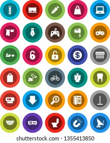 White Solid Icon Set- vacuum cleaner vector, mop, clothespin, toilet, drying clothes, colander, mixer, pen, notebook pc, alarm clock, magnet, money search, arrow down, bike, Railway carriage, port