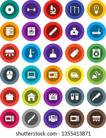 White Solid Icon Set- vacuum cleaner vector, scoop, iron, pan, knife, microwave oven, thermometer, ruler, microscope, notebook pc, barbell, horizontal bar, cinema clap, disk, vial, server, washer