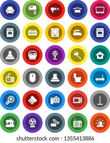 White Solid Icon Set- vacuum cleaner vector, mop, iron, toilet, sink, oven, dry cargo, rent signboard, search estate, cushioned furniture, love home, mixer, hood, multi cooker, microwave, hair dryer