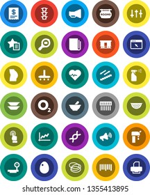 White Solid Icon Set- vacuum cleaner vector, sprayer, colander, plates, egg, graph, heart pulse, buttocks, stairways run, hoop, oxygen, traffic light, big scales, cargo search, barcode, newspaper