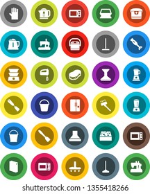 White Solid Icon Set- vacuum cleaner vector, mop, bucket, sponge, car fetlock, washing powder, rubber glove, kettle, spatula, microwave oven, blender, fridge, mixer, hood, multi cooker