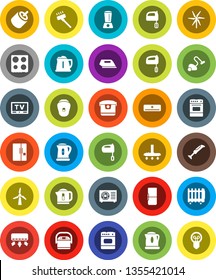 White Solid Icon Set- vacuum cleaner vector, kettle, mixer, oven, tv, rca, windmill, air conditioner, ari condition, fridge, iron, multi cooker, blender, epilator, heater, bulb
