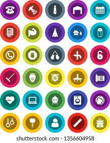 White Solid Icon Set- vacuum cleaner vector, rake, toilet paper, towel, bbq, ruler, notebook pc, dollar flag, tie, calendar, heart pulse, muscule hand, boxing glove, gymnast rings, route, phone