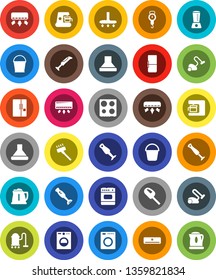 White Solid Icon Set- vacuum cleaner vector, bucket, kettle, scales, oven, blender, air conditioner, fridge, washer, coffee maker, hood