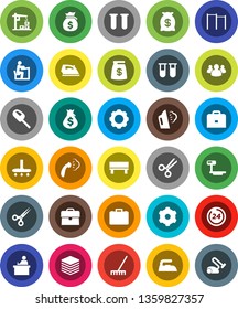 White Solid Icon Set- vacuum cleaner vector, rake, iron, steaming, student, case, money bag, horizontal bar, big scales, group, vial, scissors, data, gear, bench, construction crane, 24 hour
