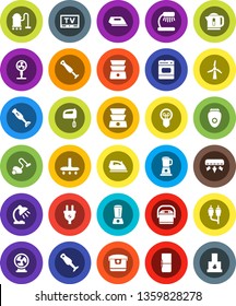 White Solid Icon Set- vacuum cleaner vector, iron, double boiler, blender, table lamp, tv, rca, windmill, air conditioner, fridge, power plug, mixer, multi cooker, oven, epilator, fan, kettle, bulb
