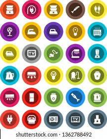 White Solid Icon Set- vacuum cleaner vector, iron, kettle, double boiler, blender, table lamp, tv, rca, ari condition, fridge, power plug, multi cooker, epilator, air conditioner, fan, heater, bulb