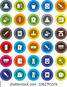 White Solid Icon Set- vacuum cleaner vector, bucket, kettle, scales, oven, blender, air conditioner, fridge, washer, coffee maker, hood