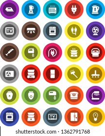 White Solid Icon Set- vacuum cleaner vector, kettle, mixer, oven, double boiler, table lamp, tv, rca, air conditioner, ari condition, fridge, power plug, iron, multi cooker, blender, epilator, fan