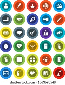 White Solid Icon Set- vacuum cleaner vector, sprayer, water closet, colander, spices, egg, potato, corner ruler, heart pulse, buttocks, stairways run, support, antenna, loudspeaker, touchscreen