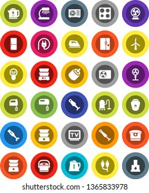 White Solid Icon Set- vacuum cleaner vector, iron, kettle, mixer, oven, double boiler, blender, table lamp, tv, rca, windmill, ari condition, fridge, power plug, multi cooker, epilator, fan, bulb