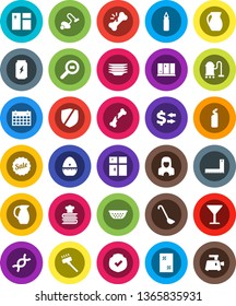 White Solid Icon Set- vacuum cleaner vector, window cleaning, agent, plates, shining, woman, colander, cook timer, ladle, cookbook, jug, corner ruler, exchange, punching bag, enegry drink, calendar