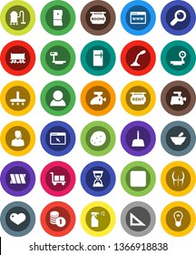 White Solid Icon Set- vacuum cleaner vector, scoop, sprayer, potato, corner ruler, coin stack, sand clock, buttocks, Railway carriage, cargo, big scales, heart, backward button, magnifier, mortar