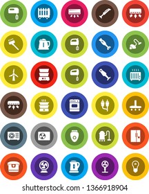 White Solid Icon Set- vacuum cleaner vector, kettle, mixer, double boiler, blender, rca, windmill, air conditioner, ari condition, fridge, multi cooker, oven, epilator, fan, heater, bulb