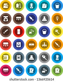 White Solid Icon Set- vacuum cleaner vector, bucket, kettle, scales, oven, blender, air conditioner, fridge, washer, coffee maker, hood