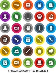 White Solid Icon Set- vacuum cleaner vector, fetlock, mop, bucket, sponge, car, washing powder, rubber glove, water tap, kettle, spatula, microwave oven, double boiler, blender, dishwasher, hood