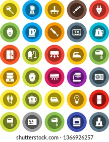 White Solid Icon Set- vacuum cleaner vector, iron, kettle, mixer, table lamp, tv, rca, ari condition, fridge, power plug, oven, blender, epilator, air conditioner, double boiler, bulb, fireplace