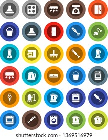 White Solid Icon Set- vacuum cleaner vector, bucket, kettle, scales, oven, blender, air conditioner, fridge, washer, coffee maker, hood