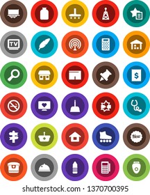 White Solid Icon Set- vacuum cleaner vector, scoop, grater, dish, jar, pen, paper pin, magnifier, shorts, roller Skates, water bottle, no smoking, heart monitor, signpost, office, truck trailer, tv