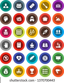 White Solid Icon Set- vacuum cleaner vector, rubber glove, woman, pan, spatula, cookbook, pen, dollar coin, money bag, calculator, presentation board, no alcohol sign, heart cross, gymnast rings